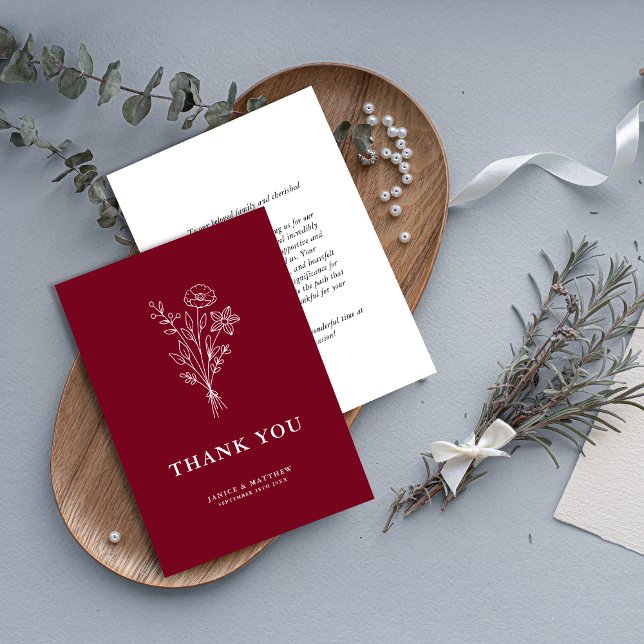 Boho Minimalistisch Botanicals Burgundy Wedding Dankeskarte (Von Creator hochgeladen)