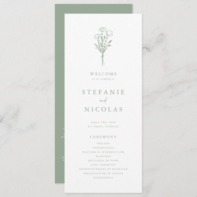 Boho Minimalistisch Botanicals Sage Green Wedding Programm (Vorne/Hinten)