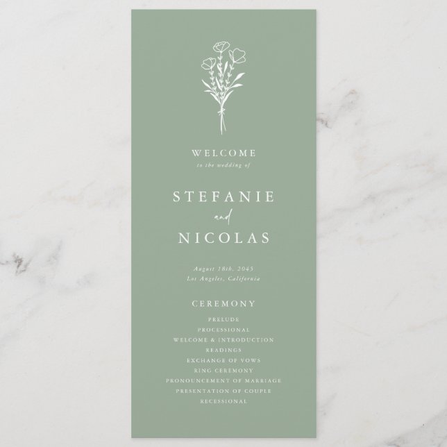 Boho Minimalistisch Botanicals Sage Green Wedding Programm (Vorderseite)