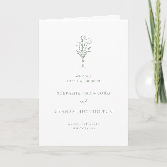 Boho Minimalistisch Botanicals Sage Green Wedding Programm (Vorderseite)