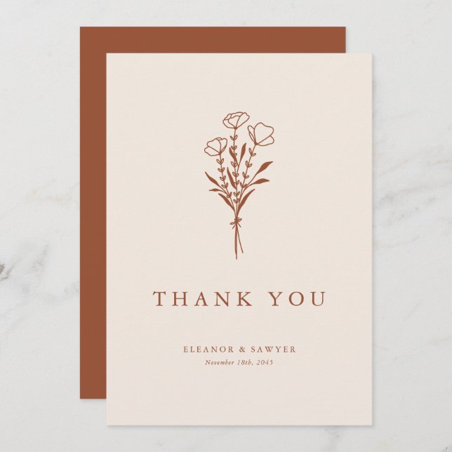 Boho Minimalistisch Botanicals Terracotta Hochzeit Dankeskarte (Vorne/Hinten)
