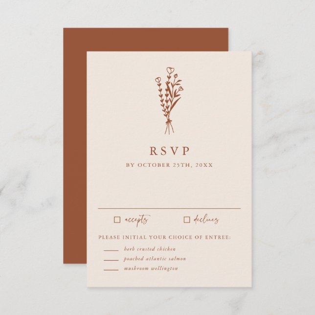 Boho Minimalistisch Botanicals Terracotta Hochzeit RSVP Karte (Vorne/Hinten)