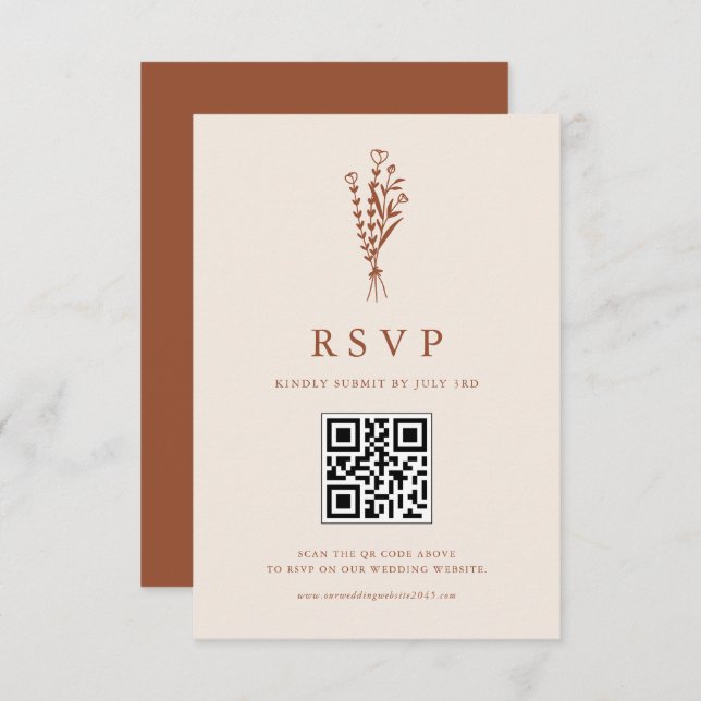 Boho Minimalistisch Botanicals Terracotta QR Code RSVP Karte (Vorne/Hinten)
