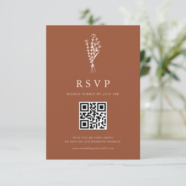 Boho Minimalistisch Botanicals Terracotta QR Code RSVP Karte (Stehend Vorderseite)
