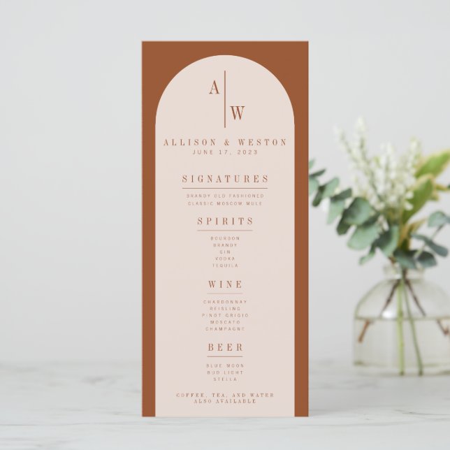 Boho Minimalistisch Burnt Orange Wedding Bar Menu Menükarte (Stehend Vorderseite)