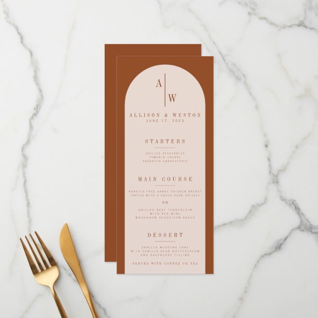 Boho Minimalistisch Burnt Orange Wedding Menu Menükarte (Vorderseite/Rückseite Beispiel)