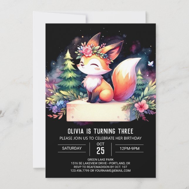 Boho Minimalistisch Fox Birthday digital Einladung (Vorderseite)