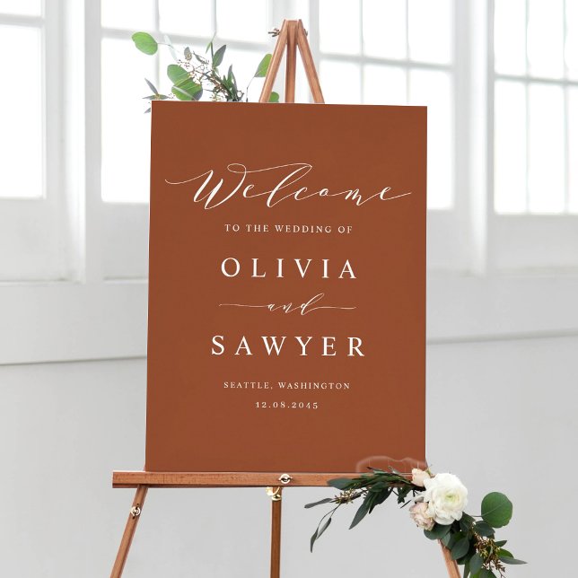 Boho Minimalistisch Script Terracotta Wedding Will Poster (Customizable boho terracotta script wedding welcome sign)