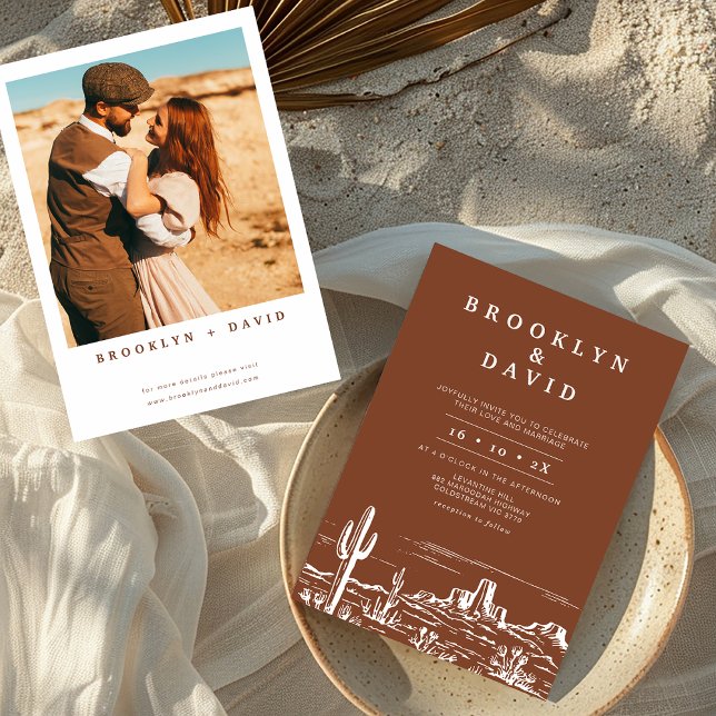 Boho Minimalistisch Terracotta Western Wüste Weddi Einladung (Terracotta Wedding Invitation, Western Desert Bohemian Minimalist Rust, Desert Scene Wedding )