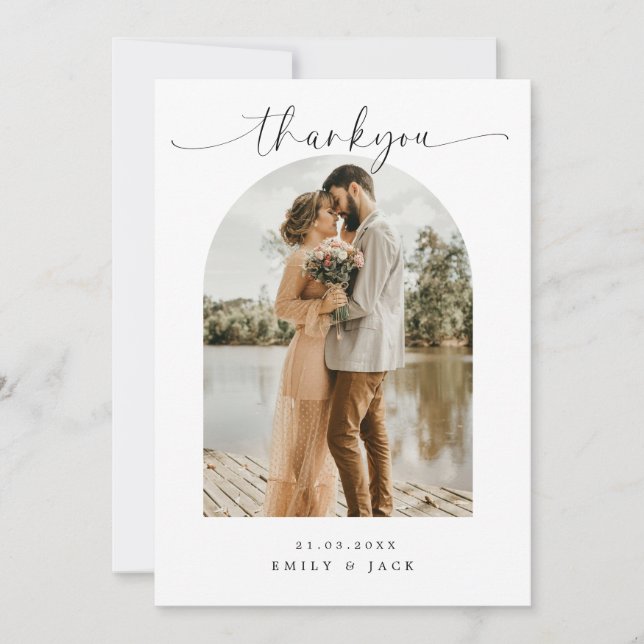 Boho Minimalistisch Wedding Foto Dankeschön Karte (Vorderseite)