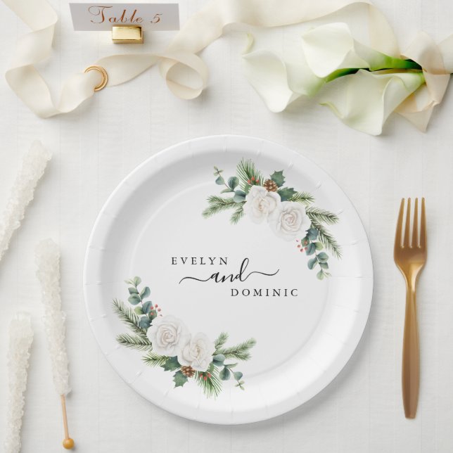 Boho Minimalistisch Winter Greenery Evergreen Wedd Pappteller (Hochzeit)
