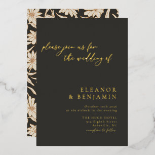 Boho Minimalistische botanische Black Ivory Weddin Folieneinladung
