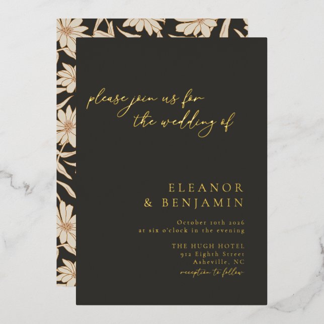 Boho Minimalistische botanische Black Ivory Weddin Folieneinladung (Vorderseite/Rückseite)