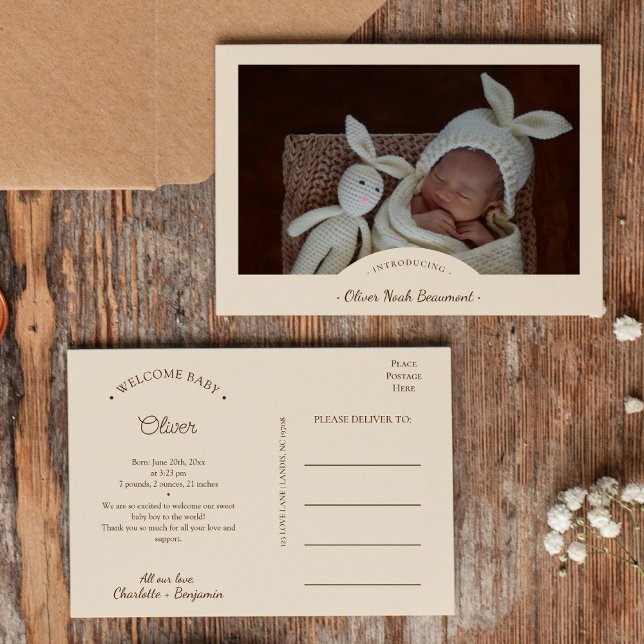 Boho Minimalistisches Foto Geburtsankündigung Post Ankündigungspostkarte (Von Creator hochgeladen)