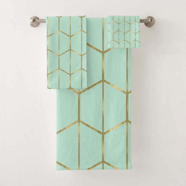 Boho Mint Green Hexagon Gold & Geometric Glam Badhandtuch Set (Insitu)