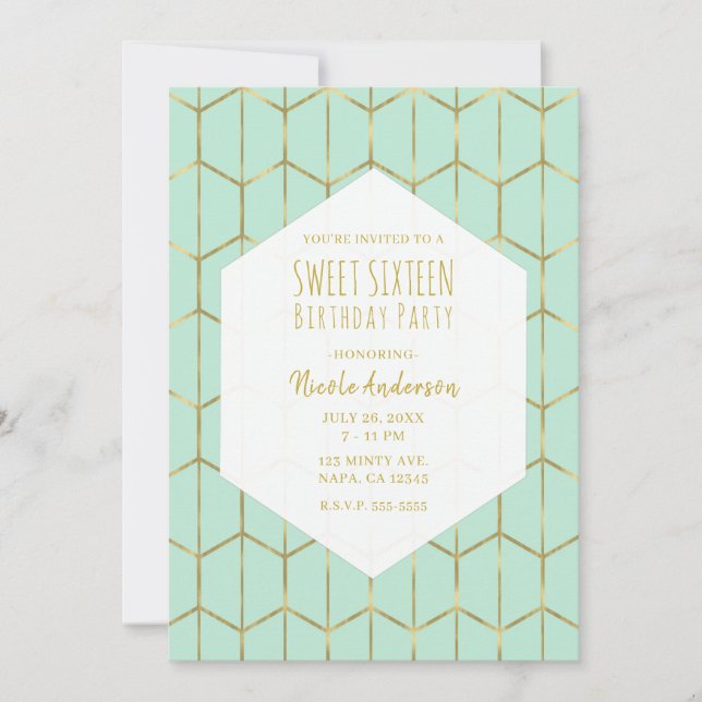 Boho Mint Green Hexagon Gold Geometric Sweet 16 in Einladung (Vorderseite)