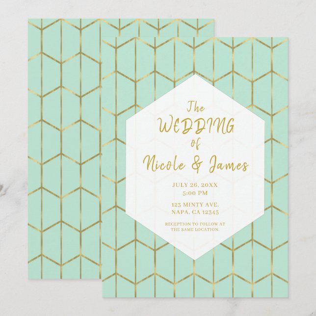 Boho Mint Green Hexagon Gold Geometric Wedding Einladung (Vorne/Hinten)