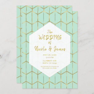 Boho Mint Green Hexagon Gold Geometric Wedding Einladung
