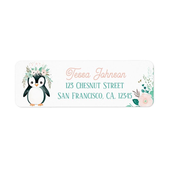 Boho Mint Green Penguin Rücksendeadressen-Aufklebe (Vorne)