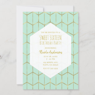 Boho Mint Grün Sechseck Gold Geometrisch Süß 16 In Einladung