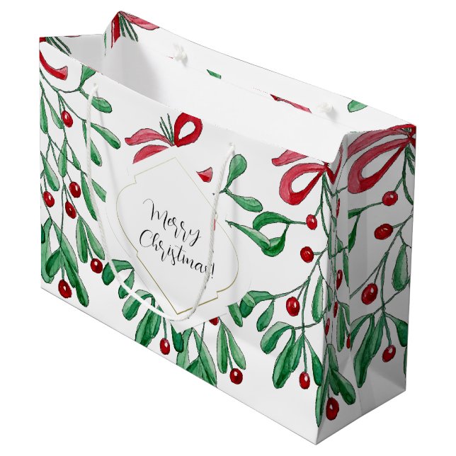 Boho Mistletoe Watercolor Mit Monogramm Große Geschenktüte (Vorderseite Schrägansicht)