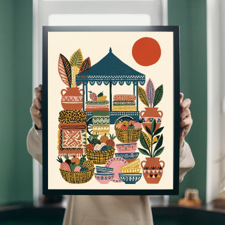 Boho-Mittelmeer-Markt-Folk-Art-Keramik-Leinwand Poster