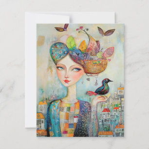 Boho Mixed Media Girl and Bird in Village Card Dankeskarte
