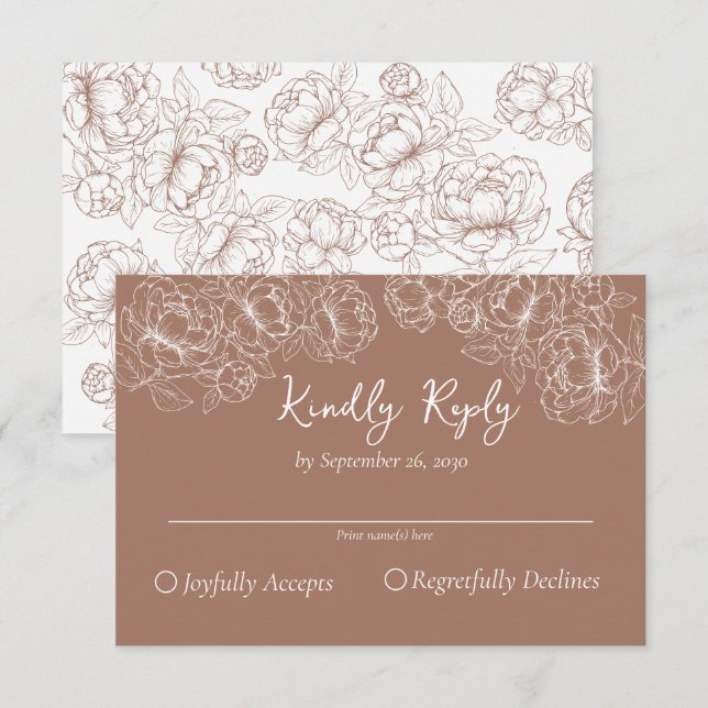 Boho Mocha Mousse Romantische Blumenhochzeit RSVP Karte (Vorne/Hinten)