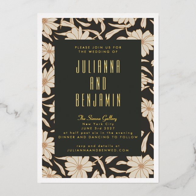 Boho Modern Botanical Black Ivory Wedding Gold Folieneinladung (Vorderseite)