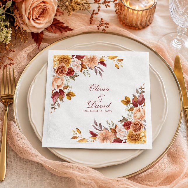 Boho Modern Burnt Orange Terracotta Floral Wedding Serviette (Burnt Orange & Peach Autumn Floral Wedding Paper Dinner Napkins)