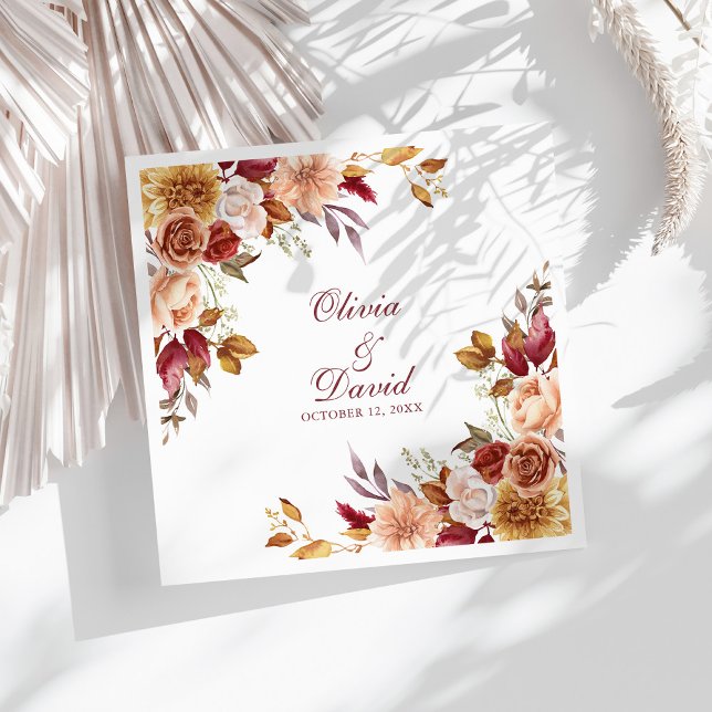 Boho Modern Burnt Orange Terracotta Floral Wedding Serviette (Boho Modern Burnt Orange Terracotta Floral Wedding Paper Dinner Napkins on a sunny boho white table.)