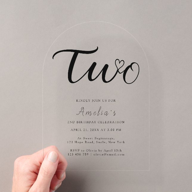 Boho Modern Heart Black Schrift 2. Geburtstag Acryleinladungen (Insitu (Handheld))