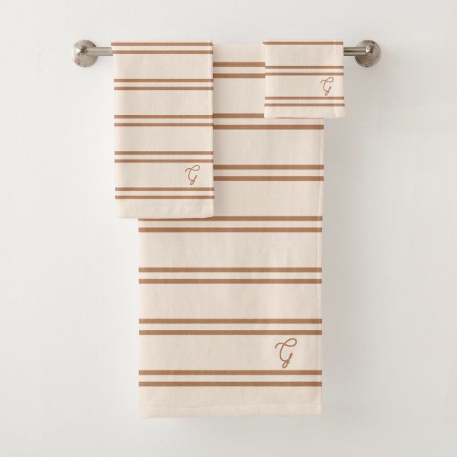 Boho Modern Monogramm Name gestreift Beige Braun Badhandtuch Set (Insitu)
