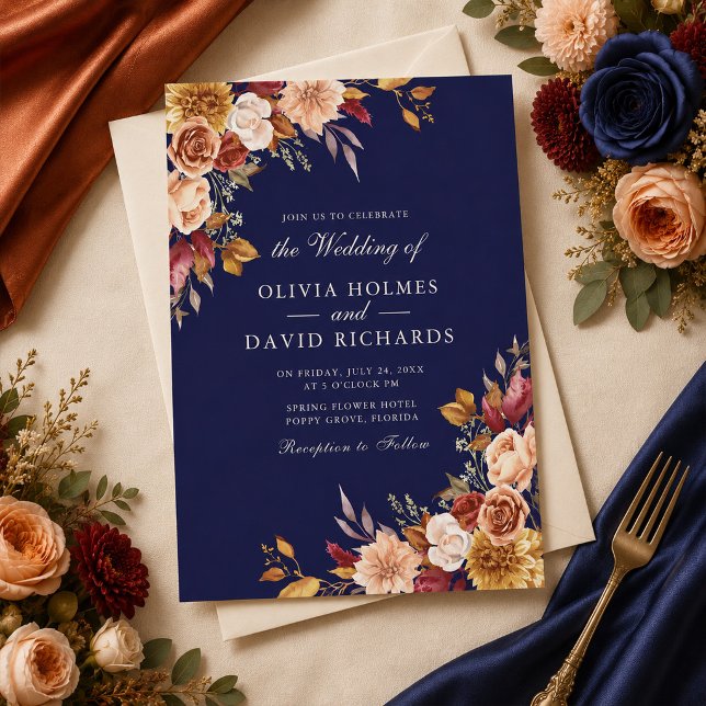 Boho Modern Navy Blue Burnt Orange Floral Wedding Einladung (Von Creator hochgeladen)