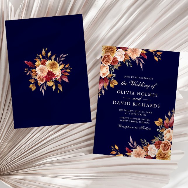 Boho Modern Navy Blue Burnt Orange Floral Wedding Einladung (Boho Modern Navy Blue Burnt Orange Floral Wedding Invitation on a sunny neutral dry palm leaf.)