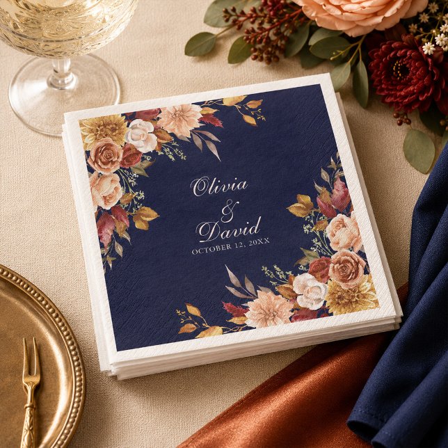 Boho Modern Navy Blue Burnt Orange Floral Wedding Serviette (Von Creator hochgeladen)