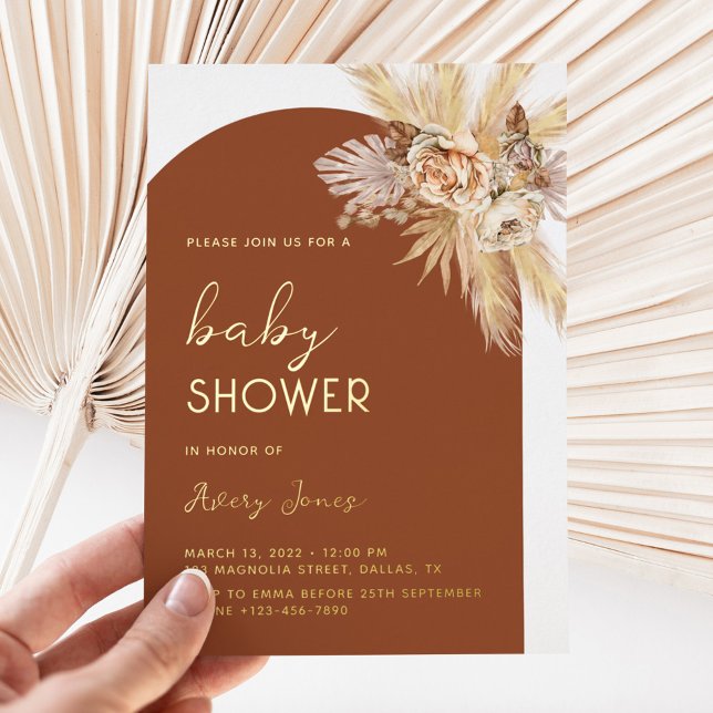 Boho Modern Pampas Grass Arch Baby Dusche Gold Folieneinladung (boho gold foil baby shower invitation)