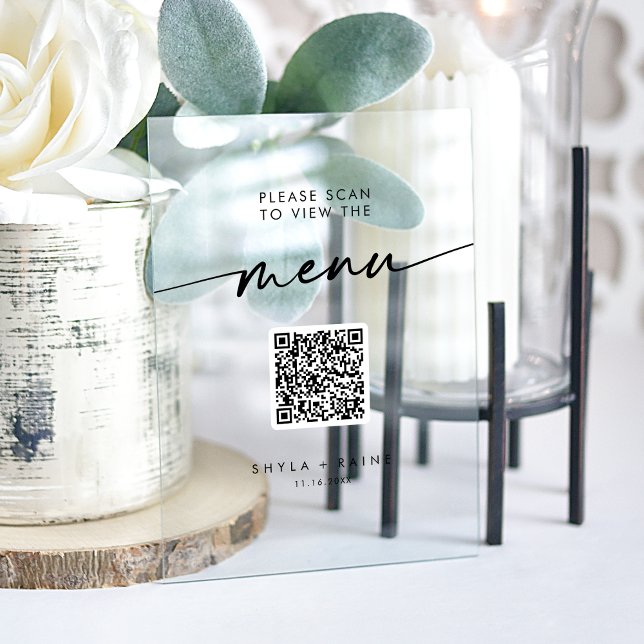 Boho Modern QR Code Clear Acryl Wedding Menu Acrylschild (Boho Modern QR Code Clear Acrylic Wedding Menu Acrylic Sign)