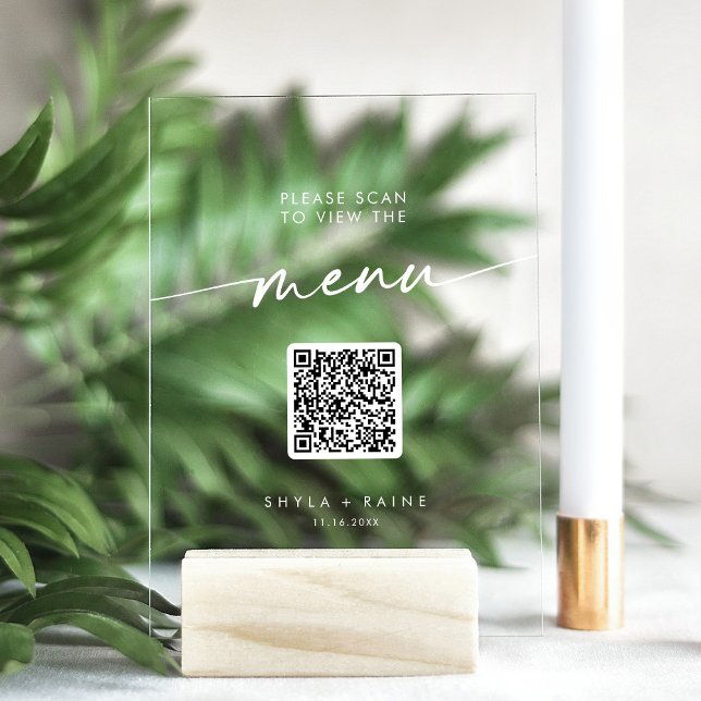 Boho Modern QR Code White Clear Wedding Menü Acrylschild (Von Creator hochgeladen)