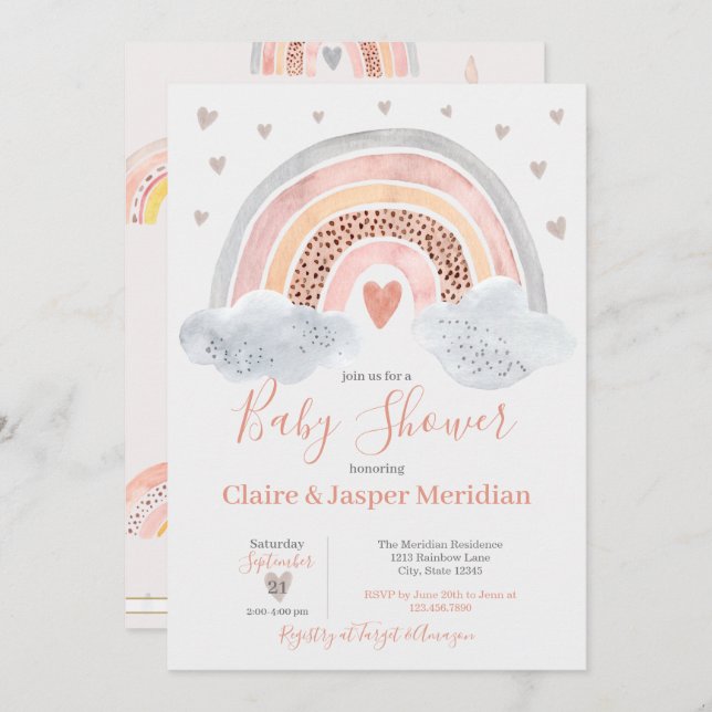 Boho Modern Rainbow Baby Shower Einladung (Vorne/Hinten)