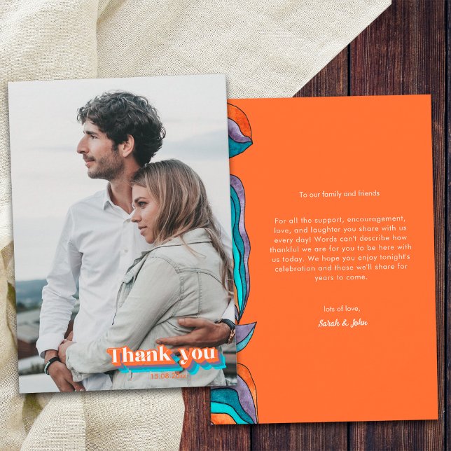 Boho Modern Retro Orange Lila Typografie Wavy Dankeskarte (Front and Back)