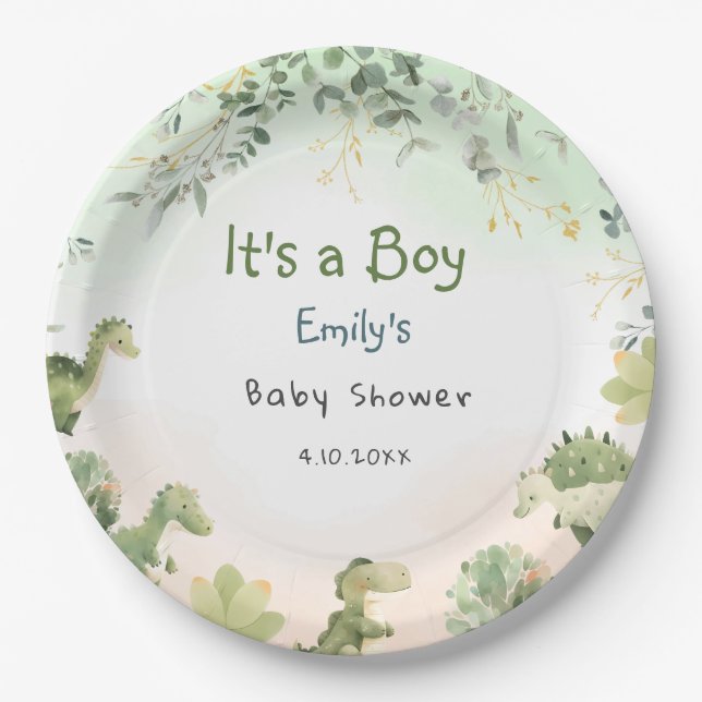 Boho Modern Watercolor Dinosaur Greenery Boy Pappteller (Vorderseite)