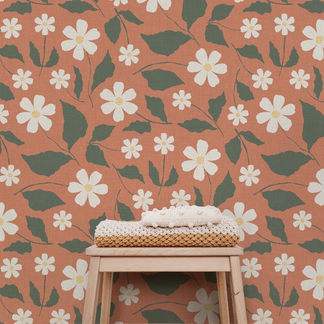 Boho Moderne Daisy Muster Terrakotta Sage Tapete (Terracotta Sweet Daisy botanical wallpaper by Erica MacDonald.)
