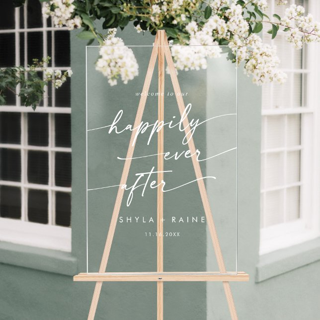 Boho Moderne glückliche White Clear Wedding Willko Acrylschild (Boho Modern Happily White Clear Wedding Welcome Acrylic Sign)
