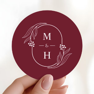 Boho-Modernes Monogramm Elegante Burgunder Hochzei Runder Aufkleber