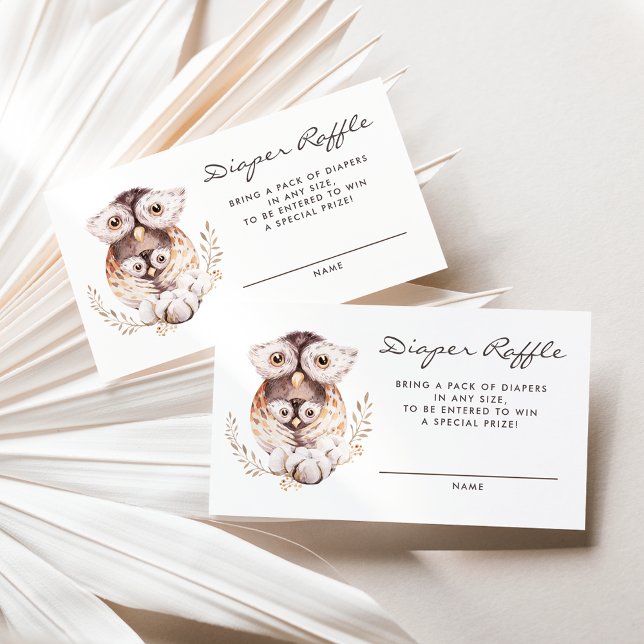 Boho Mommy and Baby Owl Diaper Raffekarte Visitenkarte (Woodland theme baby shower diaper raffle card featuring watercolor mommy and baby owl.)