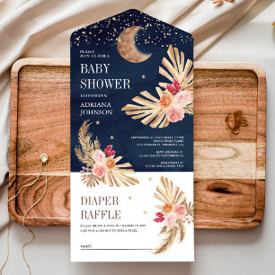 Boho Mond Erdiges Florales Pampas Navy Baby Shower All In One Einladung
