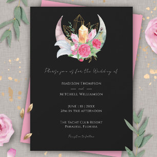 Boho Mond Kristalle Federn Rosa Blumen Hochzeit Einladung