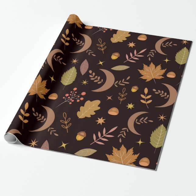 Boho-Mond mit Herbstlaub-Muster   Geschenkpapier (Ungerollt)