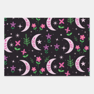 Boho-Mond mit rosa Blumen und Blättern Geschenkpapier Set